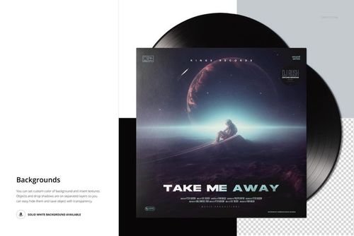 Top view of black vinyl records and an album cover mockup with a space-themed artwork and gradient background.