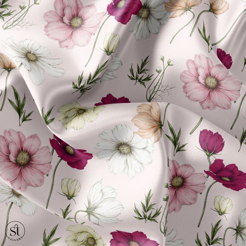 Satin fabric mockup featuring a realistic floral pattern with pink, white, and burgundy flowers on a light background.