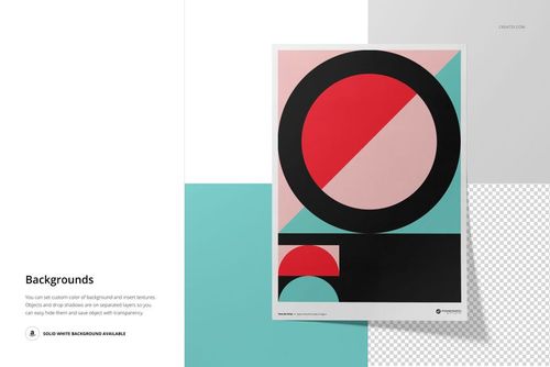 A3 fine art print with geometric abstract design in black, pink, red, and teal, displayed on a mockup background.