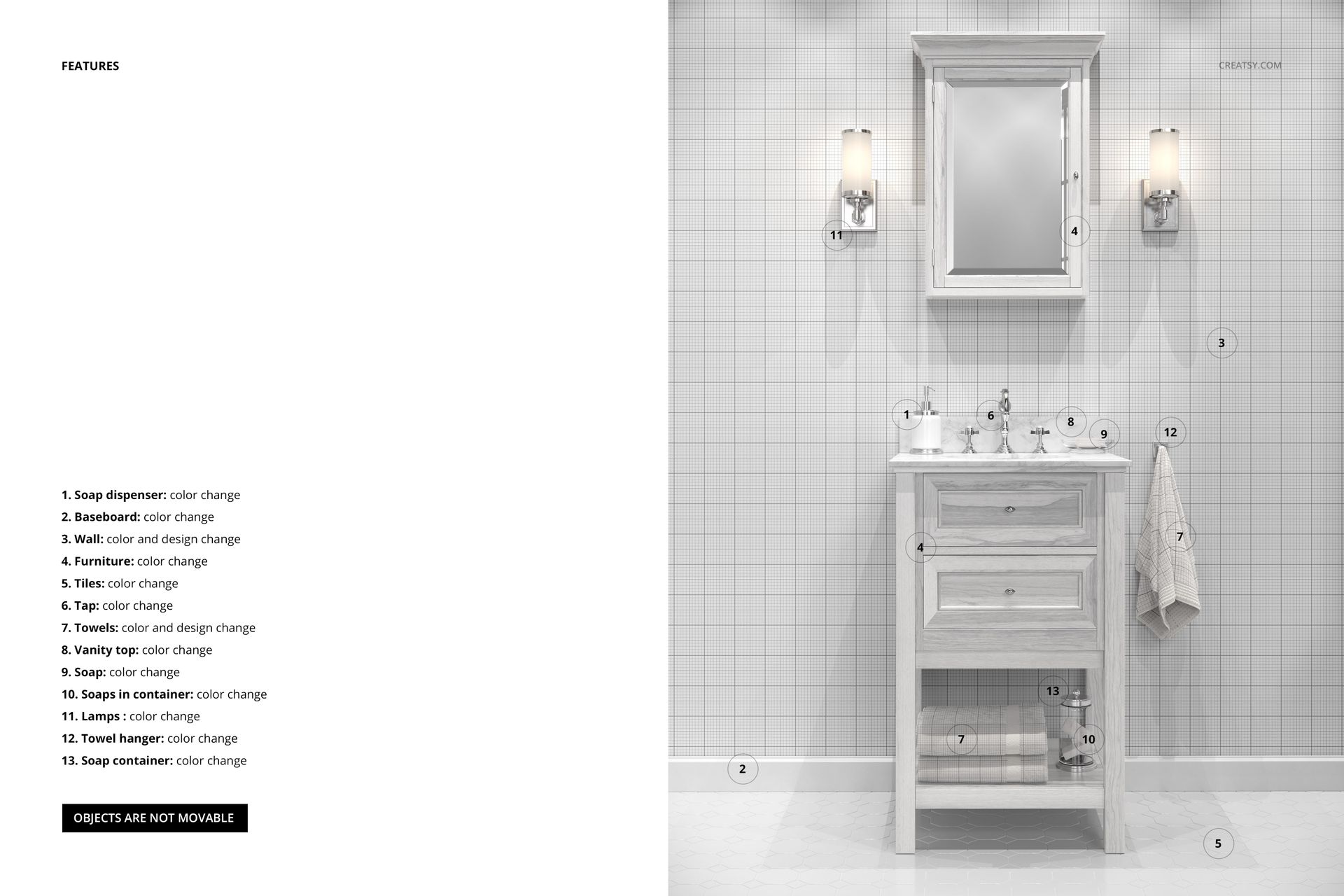 Classic small bathroom mockup with light wooden vanity, wall mirror, grid wallpaper, and tiled floor in front view.
