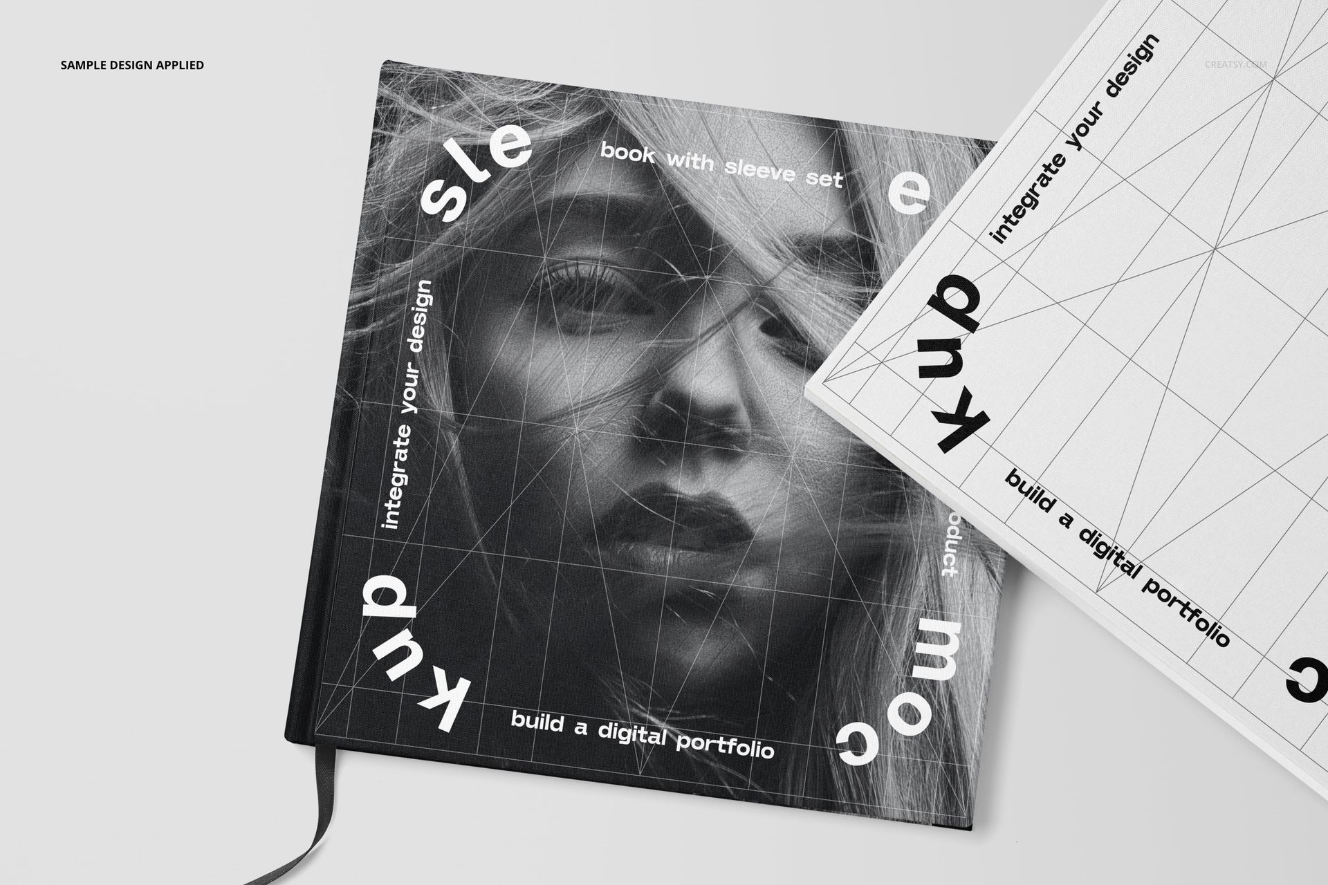 Hardcover book and sleeve mockup set displayed on a light surface, featuring geometric line patterns and bold text.