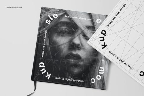 Hardcover book and sleeve mockup set displayed on a light surface, featuring geometric line patterns and bold text.