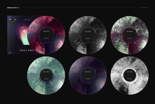 Front view of six vinyl records with smoke effect patterns in various colors, alongside a matching cover mockup.