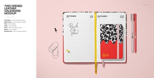 Stationery mockup with open calendars, a patterned notebook, pens, paper clips, and push pins arranged on a pastel pink surface.