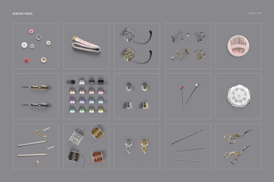Collection of sewing supplies like metallic thimbles, colored threads, and fasteners displayed in a mockup grid format.