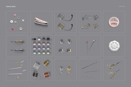 Collection of sewing supplies like metallic thimbles, colored threads, and fasteners displayed in a mockup grid format.