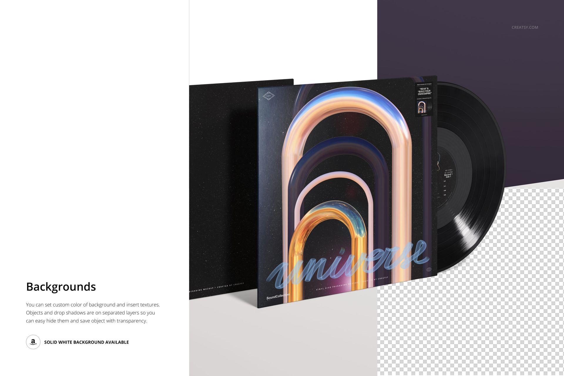 Vinyl record covers mockup shown at an angle, featuring vibrant arch artwork and a visible black record disc.