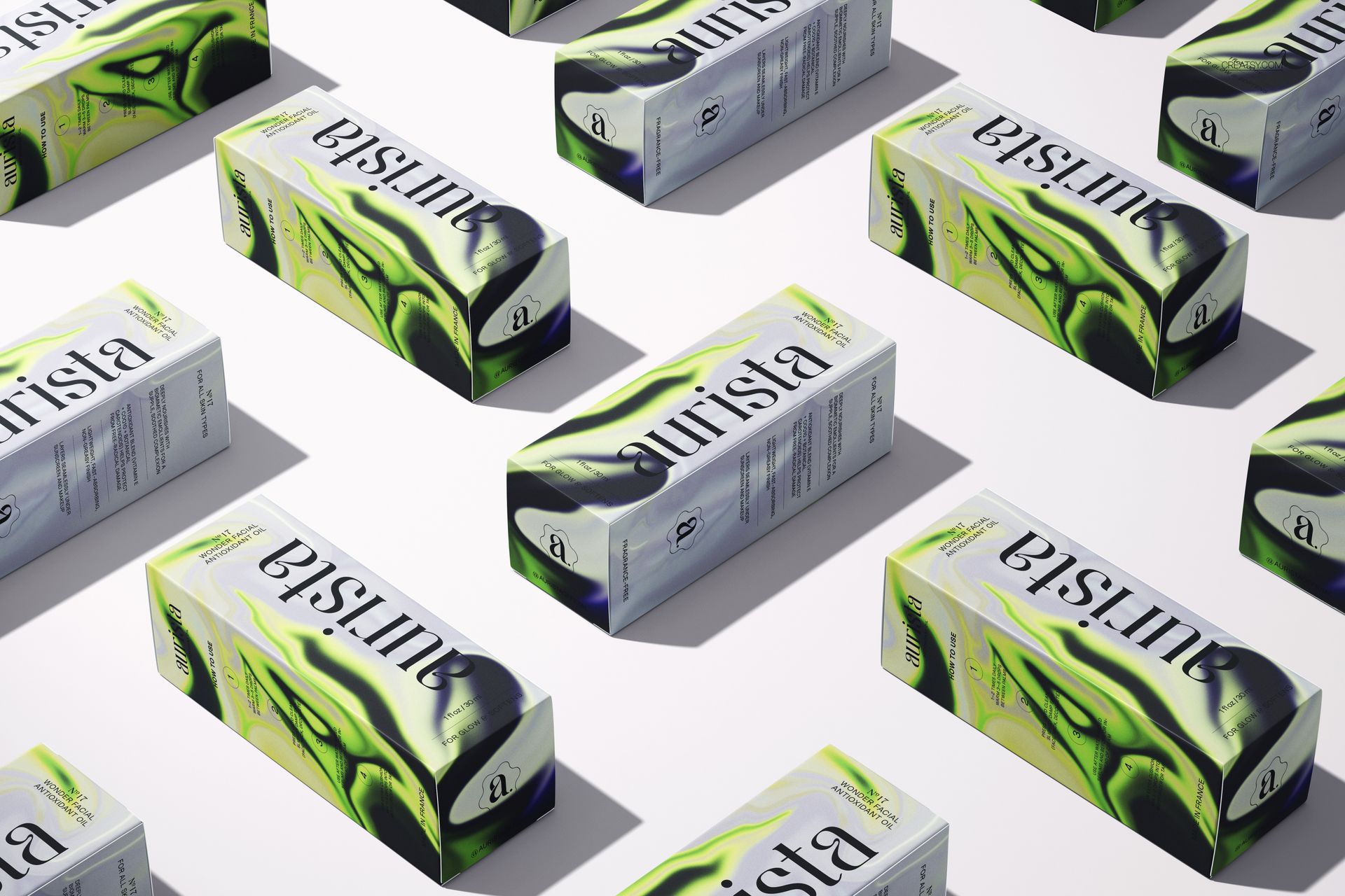 PSD mockup showing an array of cosmetic dropper bottle boxes with bold green and black artwork on a white background.