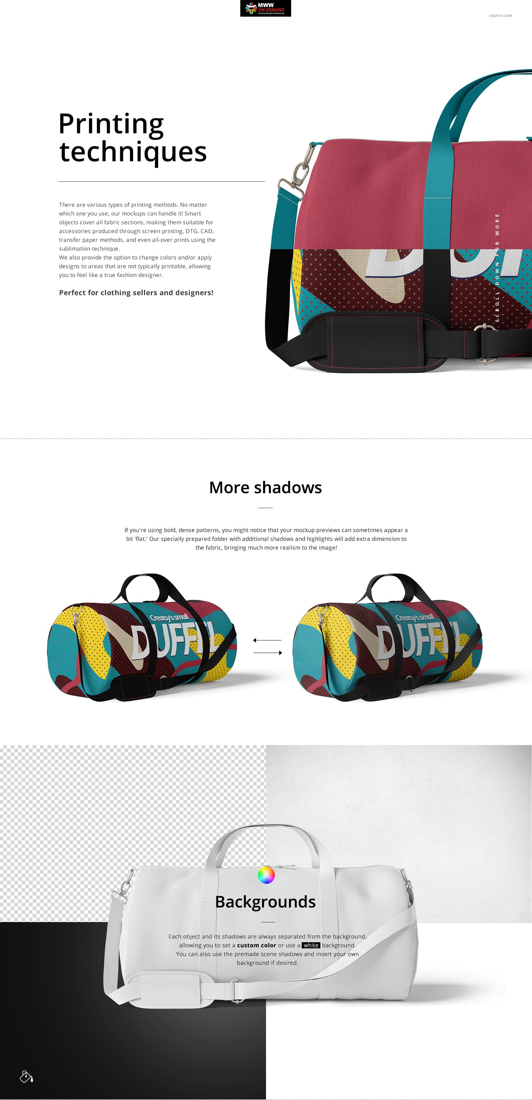 Polyester duffel bag mockup set featuring a cylindrical bag with colorful geometric patterns and teal straps, shown from various angles.