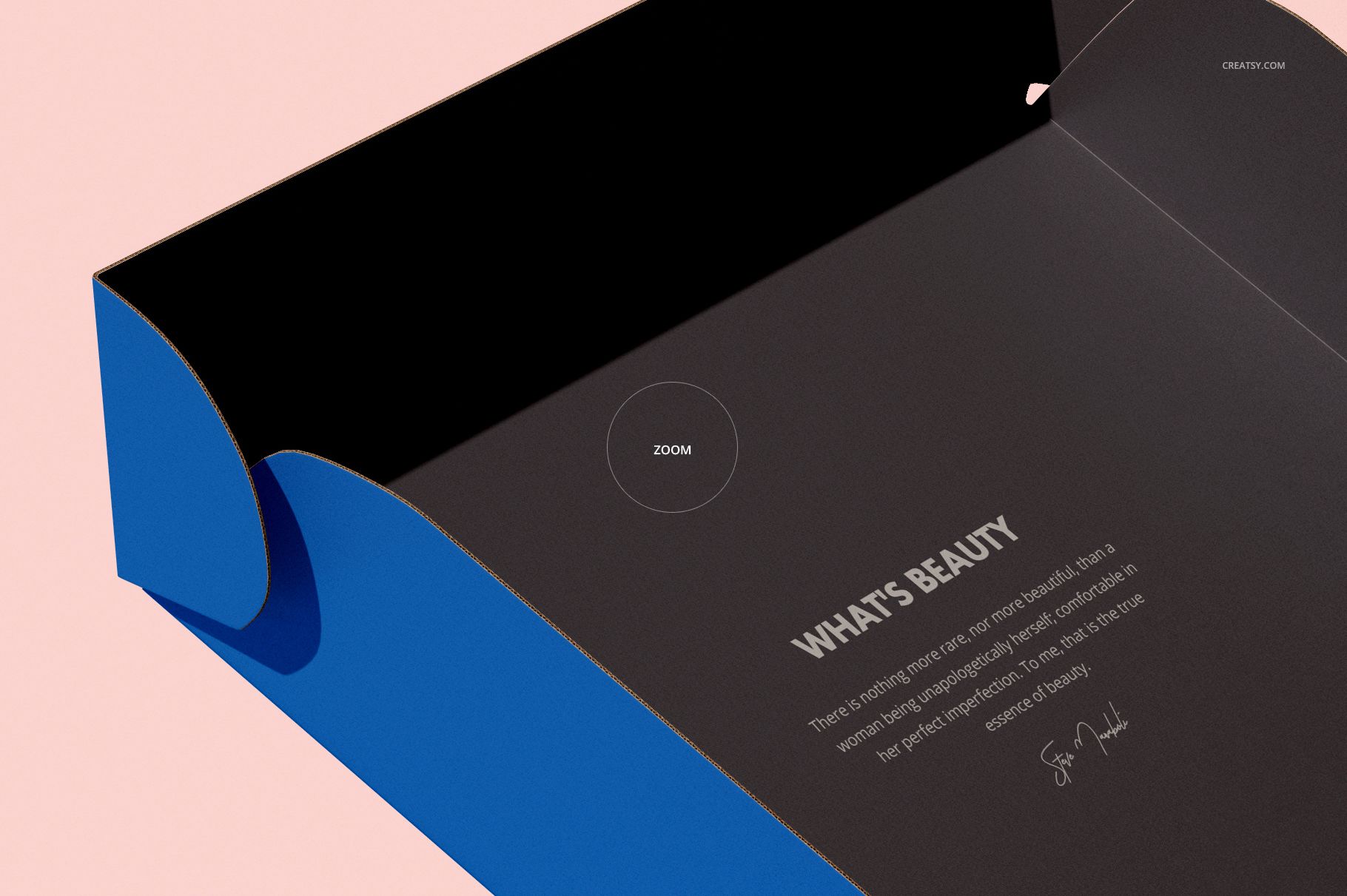 Open mailing box mockup with blue exterior and dark interior, shown from an angled top view on a pale background.