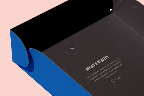 Open mailing box mockup with blue exterior and dark interior, shown from an angled top view on a pale background.