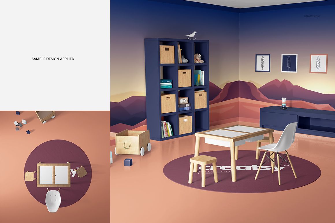 Kids room carpet mockup showing a round rug on a peach floor, with a table, chairs, and shelving unit in a mountain-themed setting.