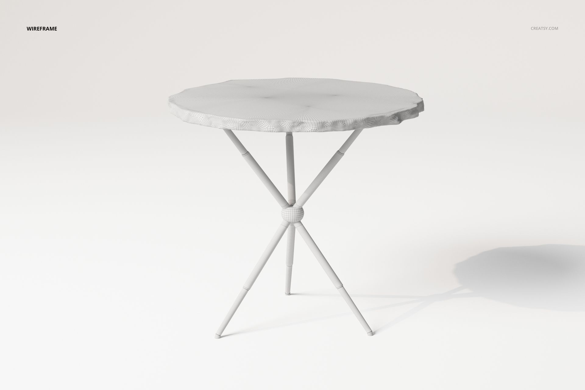 Irregular shape coffee table with round textured top and three angled legs, shown in white wireframe on plain background.