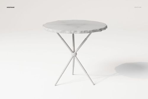 Irregular shape coffee table with round textured top and three angled legs, shown in white wireframe on plain background.