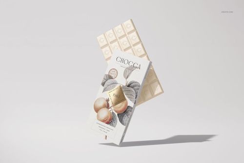 Front view of a chocolate bar packaging mockup with botanical fruit illustration and light beige chocolate bar behind.