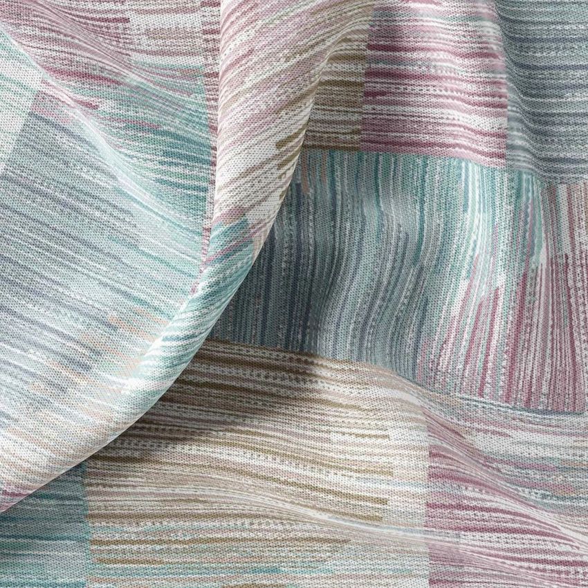 Fabric tester mockup showing a close-up of draped material with geometric striped patterns in muted pastel colors.