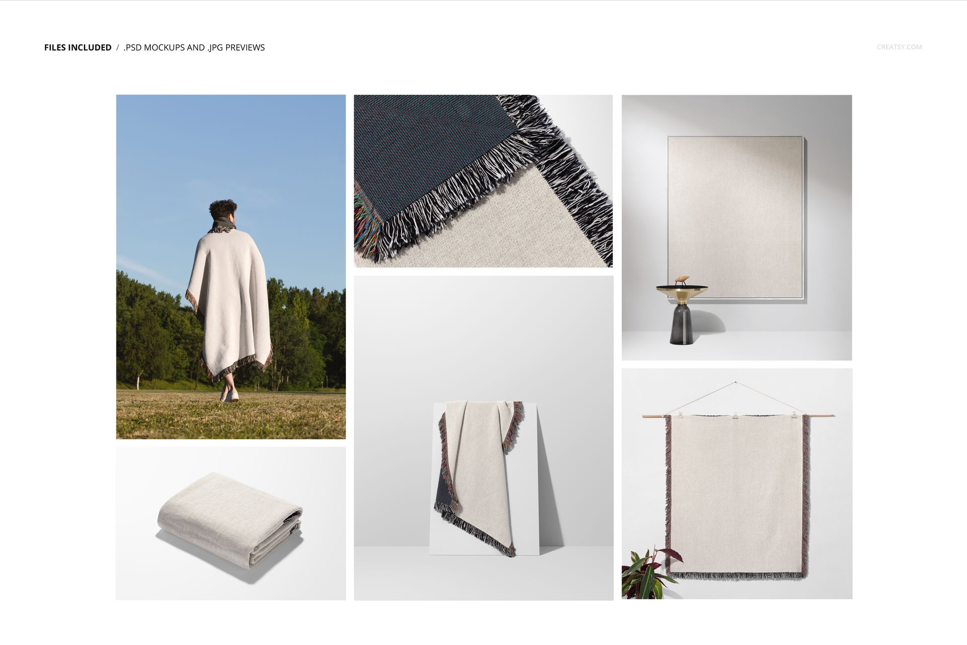Jacquard fringed woven throw blanket mockup displayed in various settings, showing cream fabric and dark fringe.