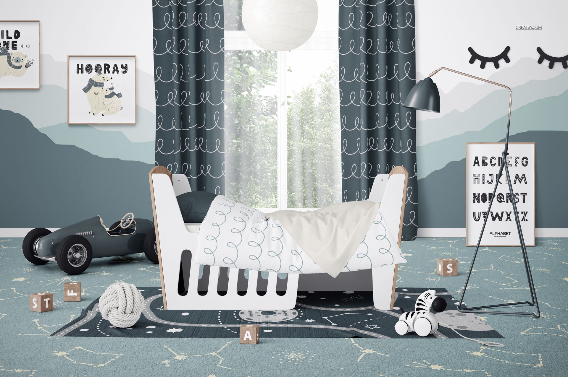 PSD mockup of a modern nursery with a baby crib, alphabet blocks, plush toys, and blue patterned curtains.