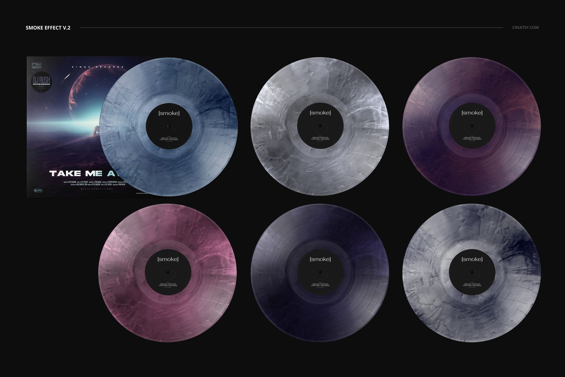 PSD mockup displaying six vinyl records in assorted colors and textures, arranged in two rows beside a cover artwork.