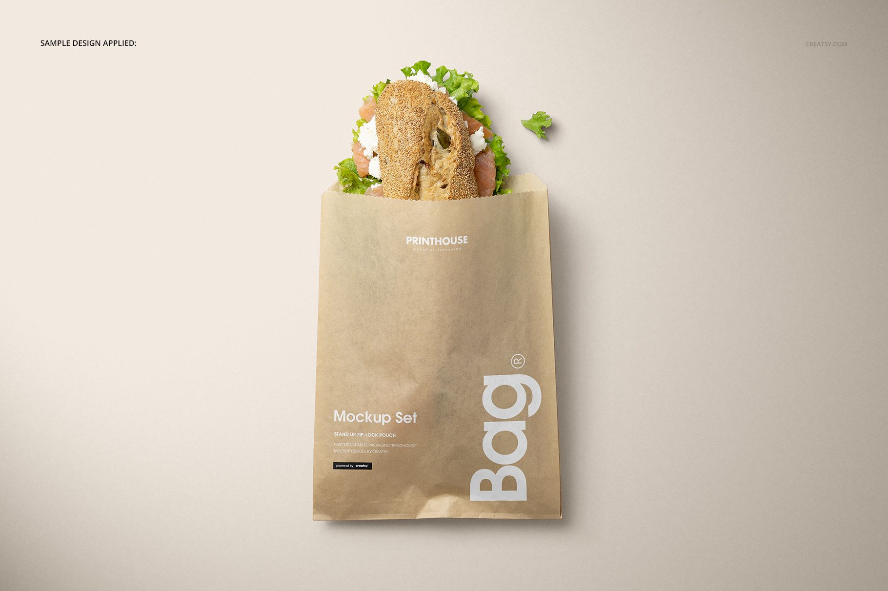 Kraft brown sandwich paper bag mockup with visible sandwich, front view on a light background.
