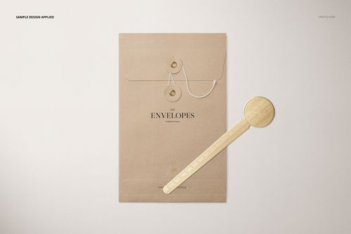Kraft paper string envelope mockup with circular button closure and a wooden ruler placed diagonally beside it.