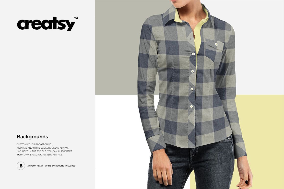 Front view of a women's dress shirt mockup with a blue and gray plaid pattern, single chest pocket, and neutral background.