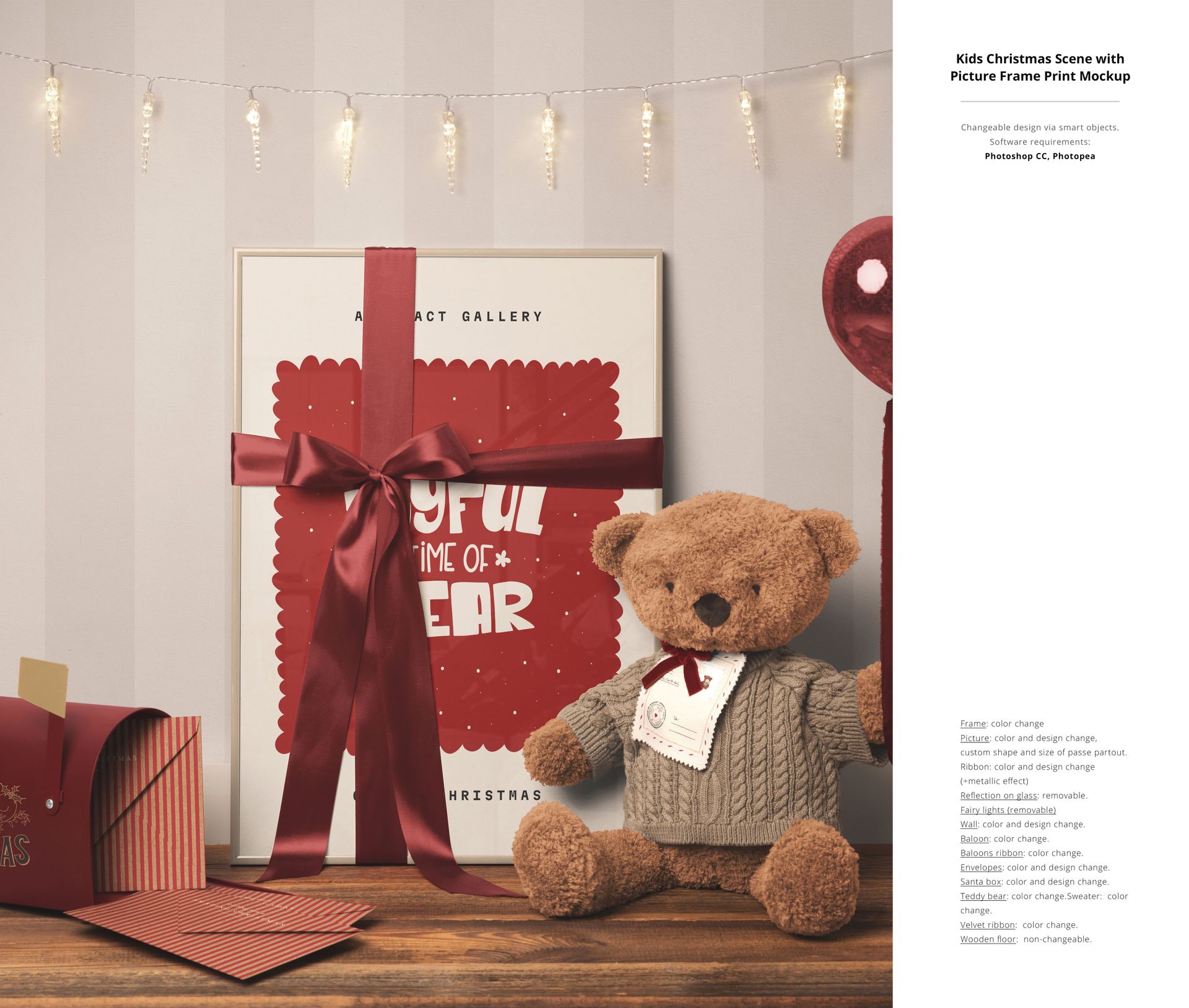 Christmas-themed mockup scene with a framed print, brown teddy bear in sweater, red mailbox, and festive ribbon decor.