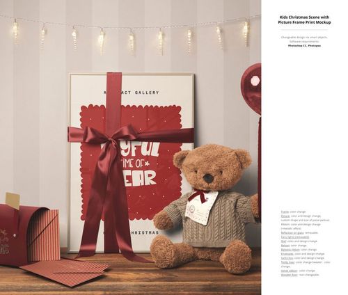 Christmas-themed mockup scene with a framed print, brown teddy bear in sweater, red mailbox, and festive ribbon decor.