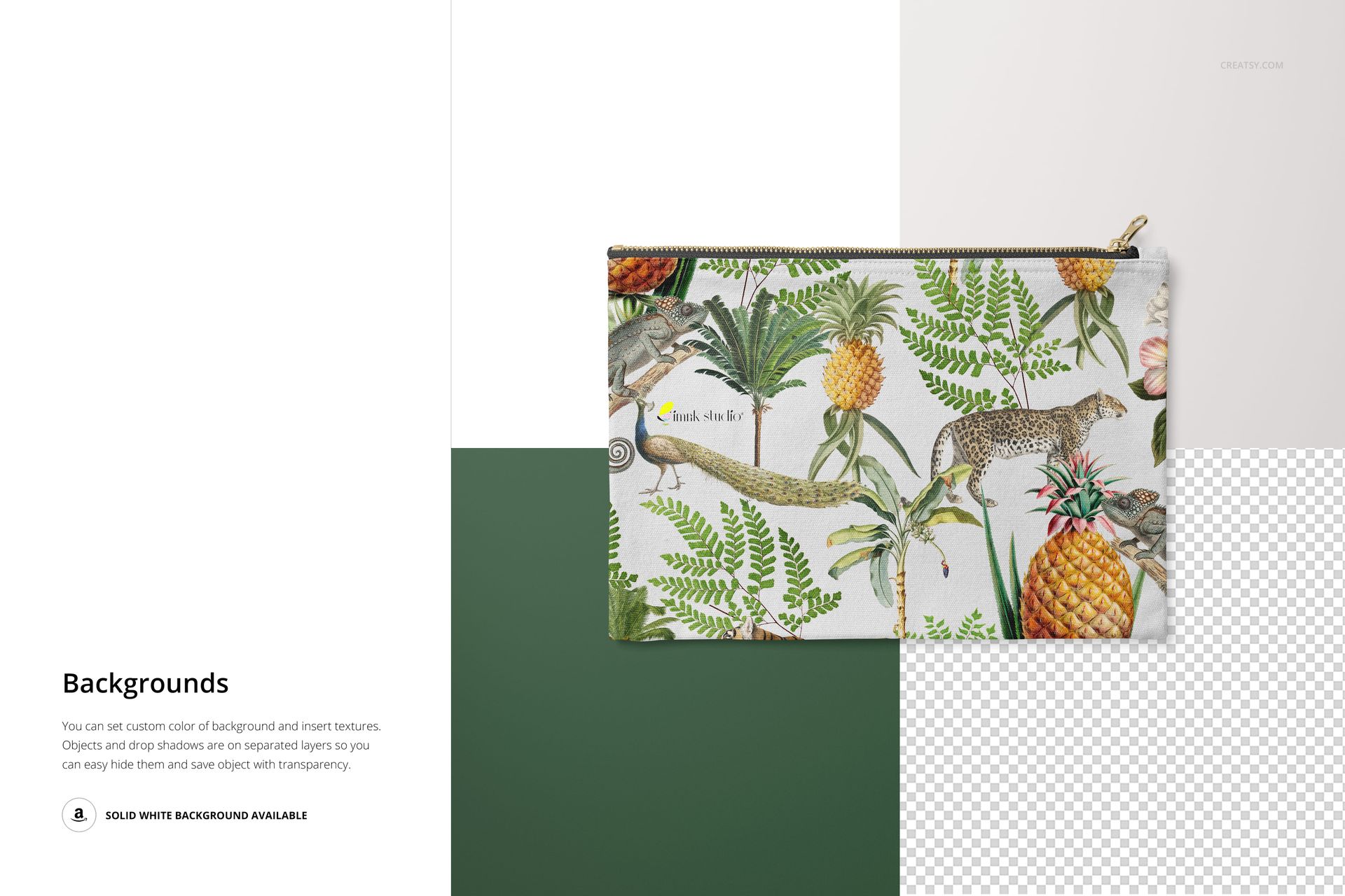 27.5x19cm canvas pouch mockup with exotic plants, pineapples, and animal illustrations, shown from the front view.