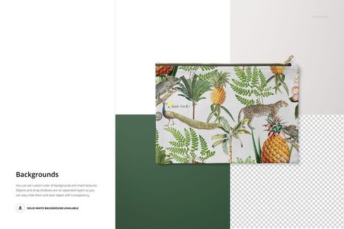 27.5x19cm canvas pouch mockup with exotic plants, pineapples, and animal illustrations, shown from the front view.