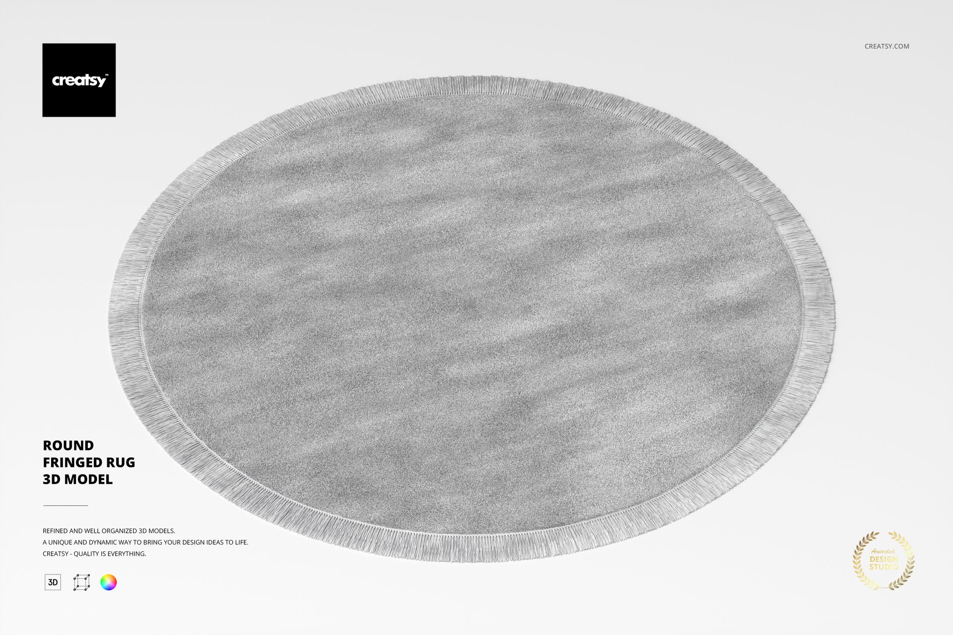 Round fringed rug with a soft gray texture shown from a top view on a light background, highlighting the fringe detail.