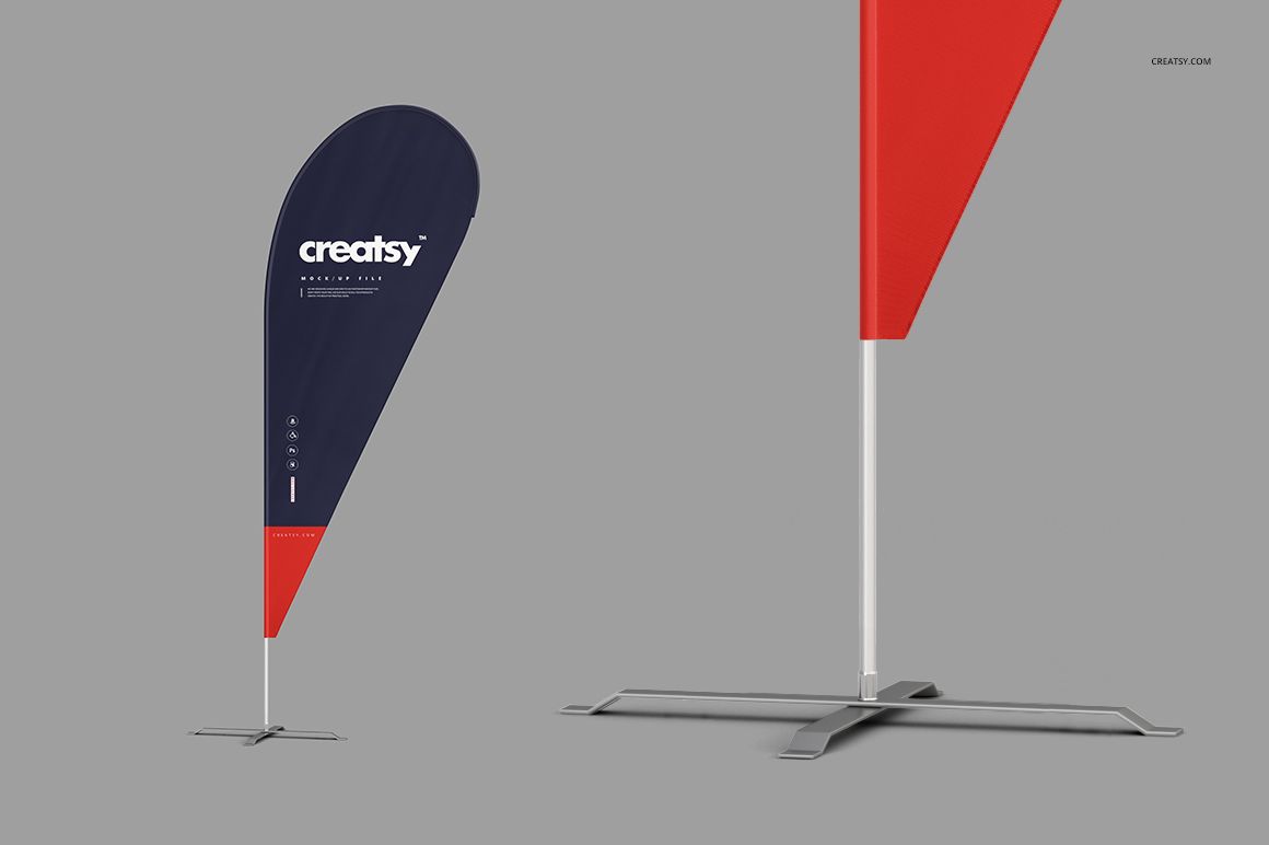 Outdoor flag mockup set featuring two teardrop-shaped flags, one in dark blue and red, on a gray background.