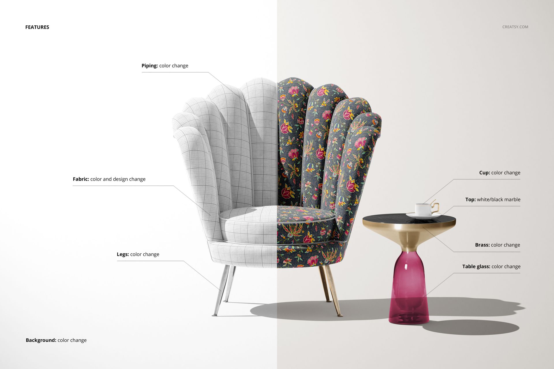 Front view of a velvet shell armchair mockup, split with one half in gray grid fabric and the other in floral pattern, next to a small round side table.
