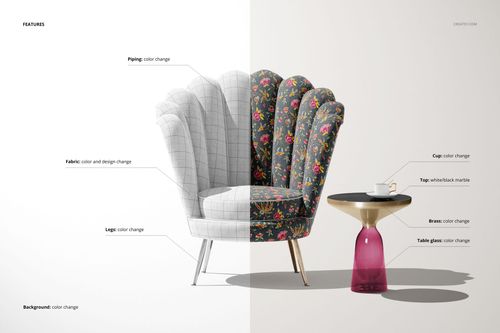 Front view of a velvet shell armchair mockup, split with one half in gray grid fabric and the other in floral pattern, next to a small round side table.