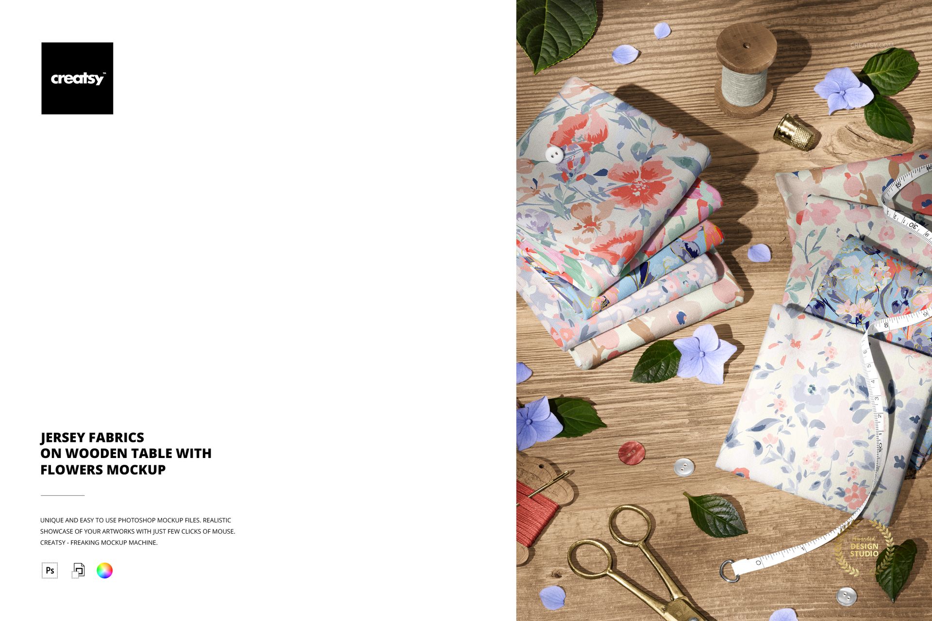 Jersey fabric mockup featuring pastel floral prints, displayed on a wooden surface with scattered petals and sewing accessories.