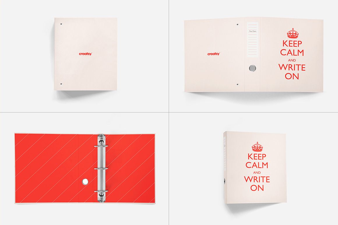 Binder mockup set showing four views, including front, open interior, side, and top perspectives on white background.