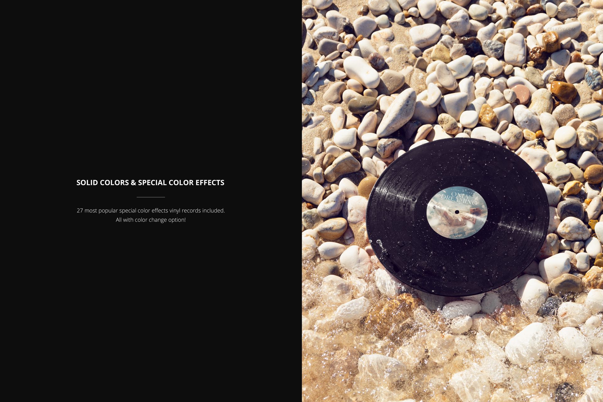 Top view of a black vinyl record on rocky shoreline, surrounded by water and smooth stones, PSD mockup scene.