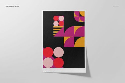 A3 fine art print mockup featuring geometric shapes in pink, yellow, and red on a black background, front view.