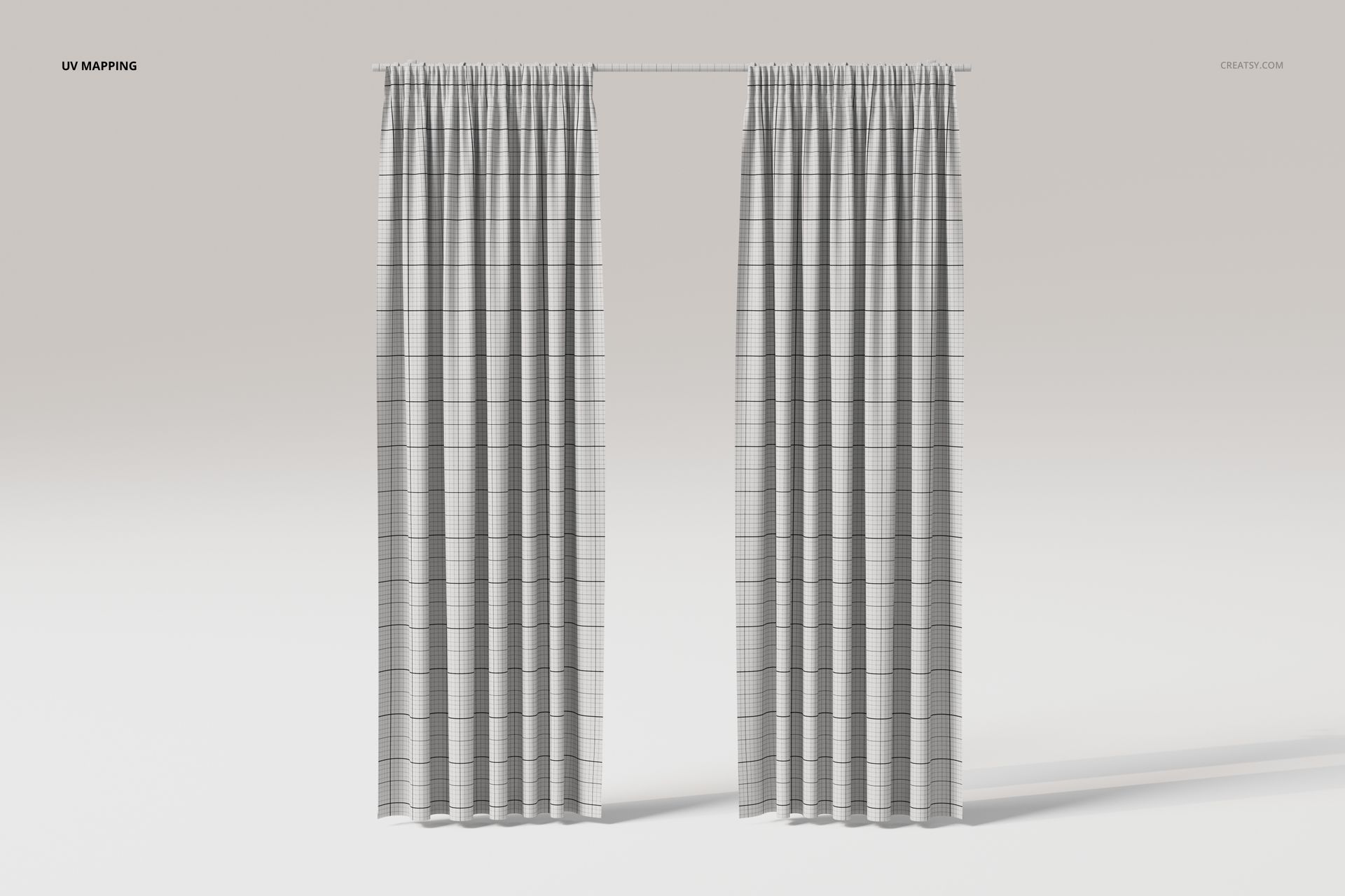 Front view of two semi sheer curtains with a subtle grid pattern, hanging from a thin rod against a neutral background.