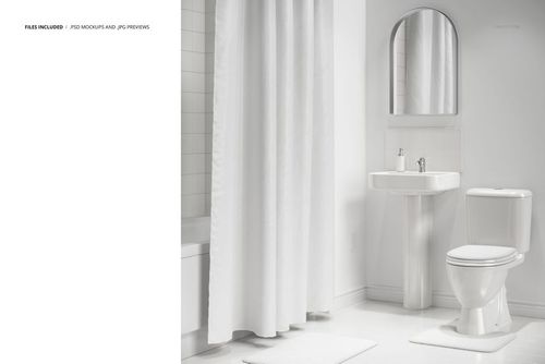 Modern bathroom PSD mockup showing white fixtures, bath curtain, tiled wall, and soft lighting from the front.