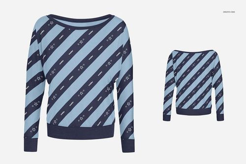Women's flowy long sleeve tee mockup in blue tones with diagonal striped pattern, shown front and back on a plain background.