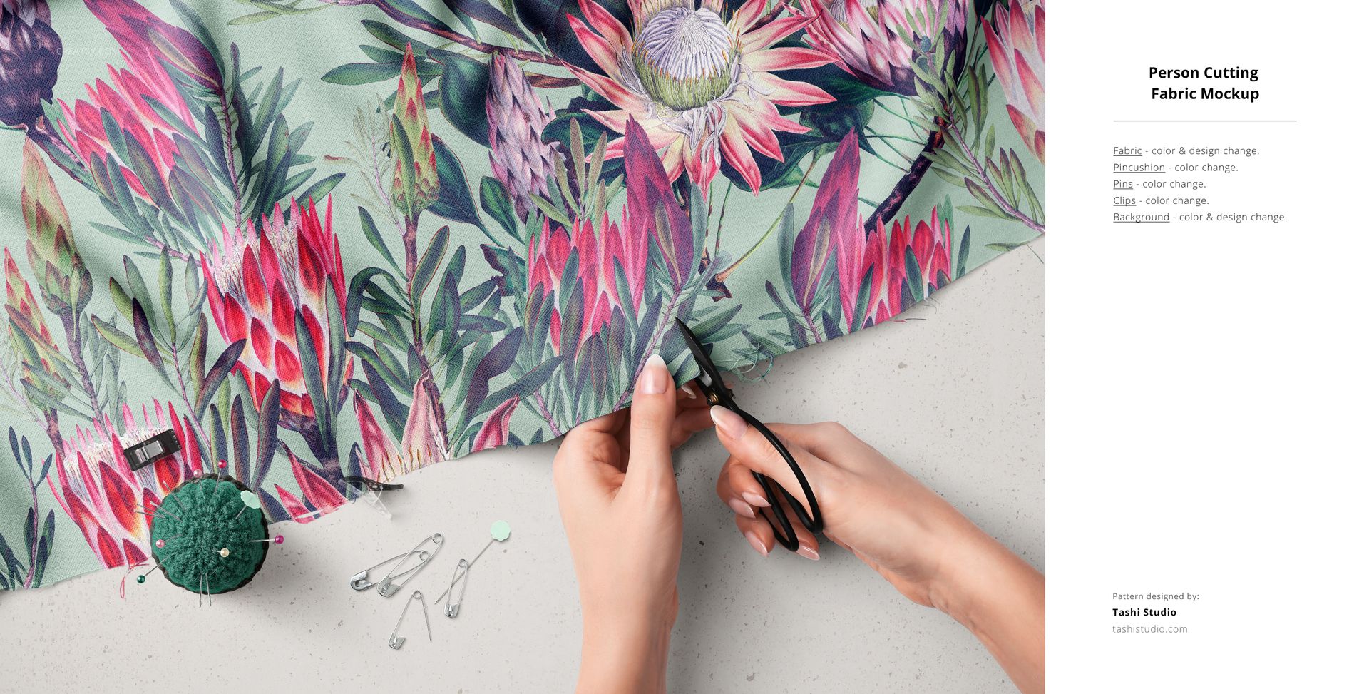 Fabric mockup showing hands trimming botanical textile design, with green pincushion and scattered pins in view.