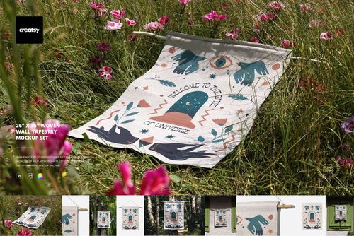 26x36 inch woven wall tapestry mockup featuring a nature-inspired design displayed in a sunlit meadow among pink flowers.