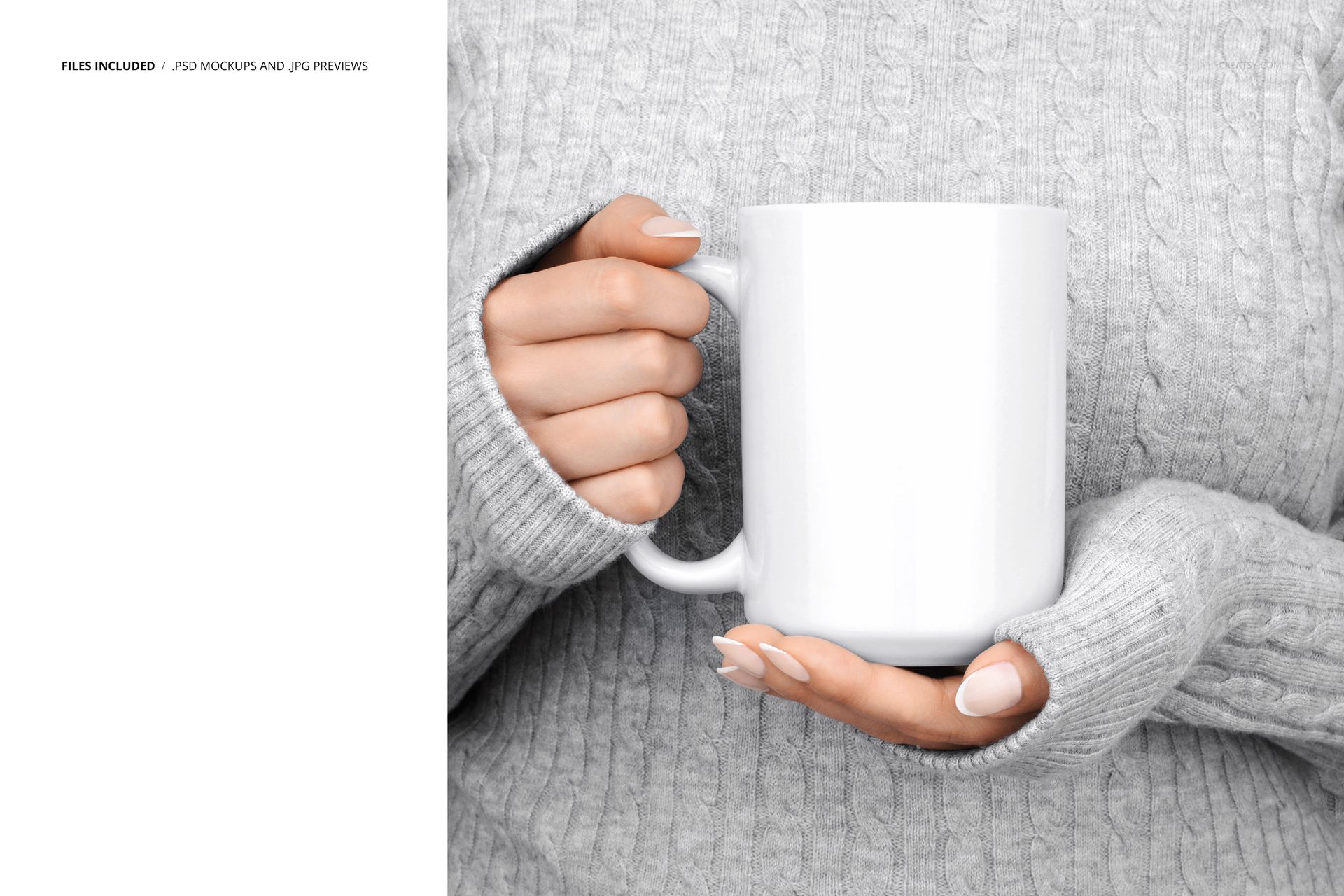 Close-up of hands with light nail polish holding a blank white mug, gray sweater visible, PSD mockup scene.