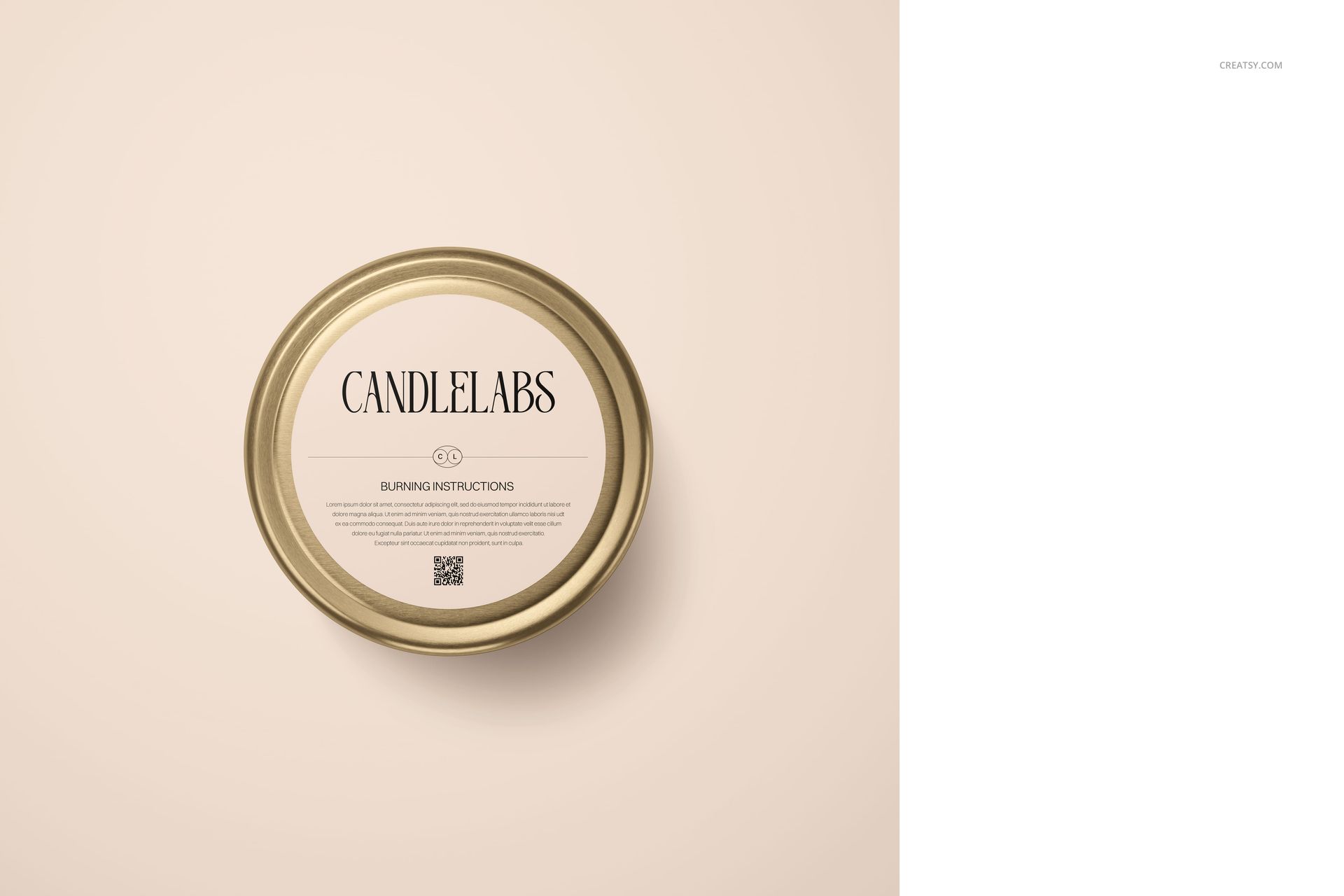 Top view of a 4 oz candle tin mockup with a gold edge and cream label, set against a soft beige surface.