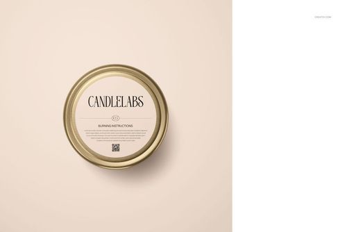 Top view of a 4 oz candle tin mockup with a gold edge and cream label, set against a soft beige surface.