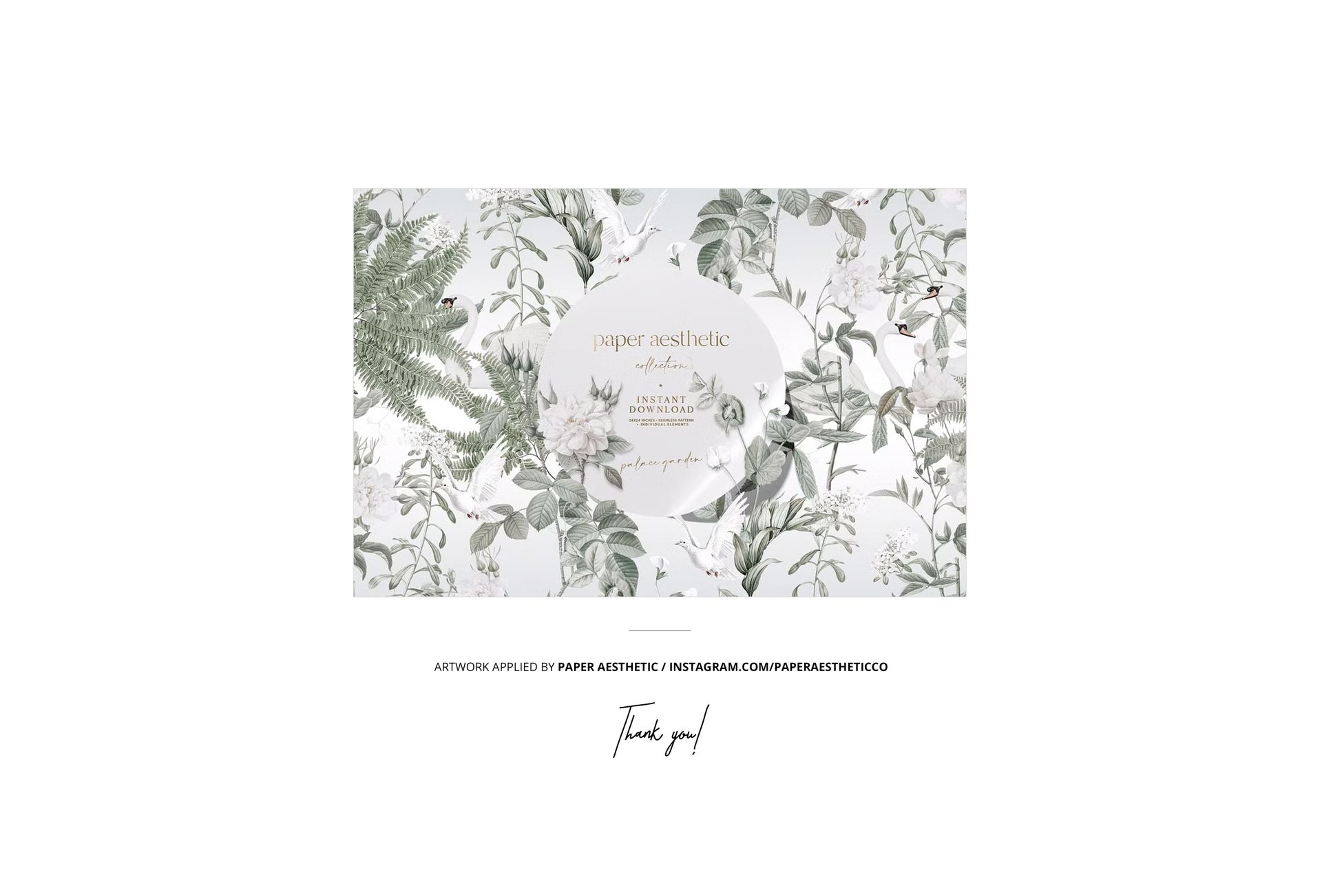 Wide cotton ribbon mockup featuring green and gray foliage print, displayed with sewing accessories in a flat lay.