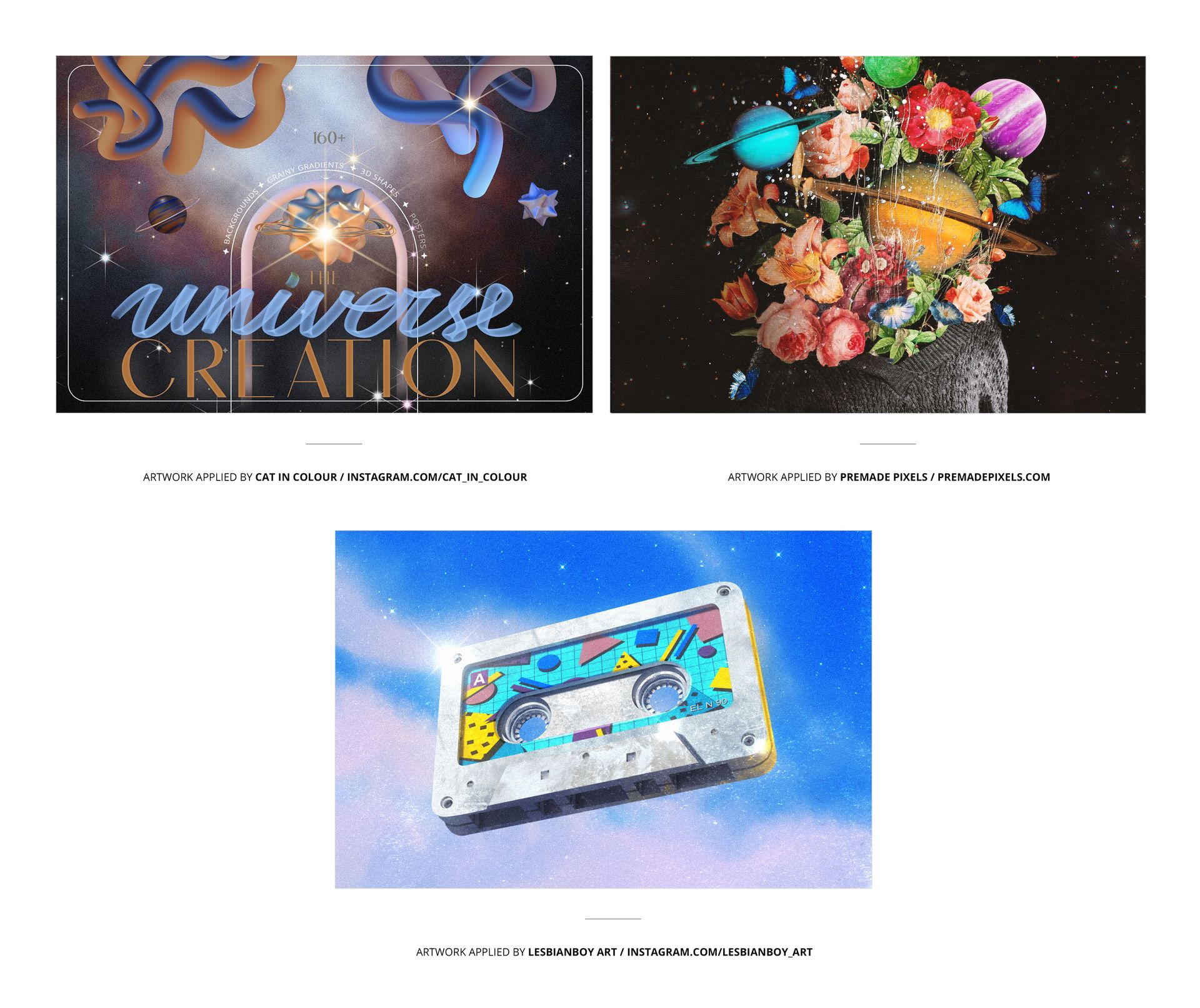 Three mockup designs featuring a vinyl record cover, a bouquet of flowers, and a cassette tape, each with colorful artwork.