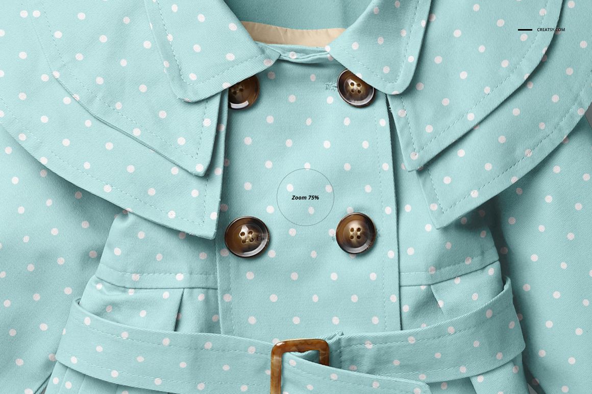 Detailed mockup of a baby coat showing light blue material with white polka dots, double-breasted buttons, and a collar.
