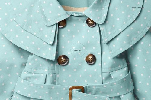 Detailed mockup of a baby coat showing light blue material with white polka dots, double-breasted buttons, and a collar.